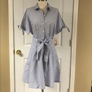 Striped Shirt Dress with Cold Shoulder & Waist Tie